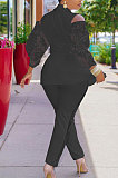 Pink Modest Sexy Lace Spliced Long Sleeve Lapel Neck Coat Long Pants Solid Color OL Sets TK6197-3