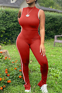 Red Summer Edge Strip Spliced Sleeveless O Neck Collcet Waist Zip Back Split Sport Jumpsuitts FH159-3