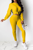Blue Women Pure Color Long Sleeve Round Collar Fashion Sport Pants Sets AMM8191-4