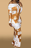 Blue Women Fashion Casual High Waist Long Pants Printing Jumpsuit OMY80050-2