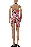 Orange Women Sexy Condole Blet Tie Dye Bandage Hallter Neck Hollow Out Digital Printing Romper Shorts ZZ2131-2