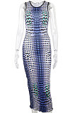 Blue Sleeveless Printing Round Collar Hip Bodycon Skinny Midi Dress JY296613