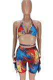 Colorful Euramerican Women Sexy Bandage Hallter Neck Backless Printing Shorts Sets ANK06023