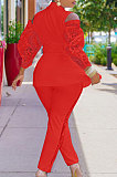 Wine Red Modest Sexy Lace Spliced Long Sleeve Lapel Neck Coat Long Pants Solid Color OL Sets TK6197-2