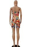 Blue Women Sexy Condole Blet Tie Dye Bandage Hallter Neck Hollow Out Digital Printing Romper Shorts ZZ2131-3