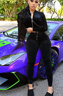 Black Wholesal New Pleuche Long Sleevve Zipper Hoodie Pencil Patns Sport Sets FFE176-1