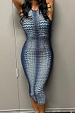 Blue Sleeveless Printing Round Collar Hip Bodycon Skinny Midi Dress JY296613