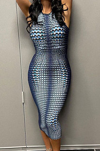 Blue Sleeveless Printing Round Collar Hip Bodycon Skinny Midi Dress JY296613