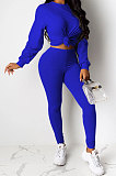 Yellow Women Pure Color Long Sleeve Round Collar Fashion Sport Pants Sets AMM8191-1