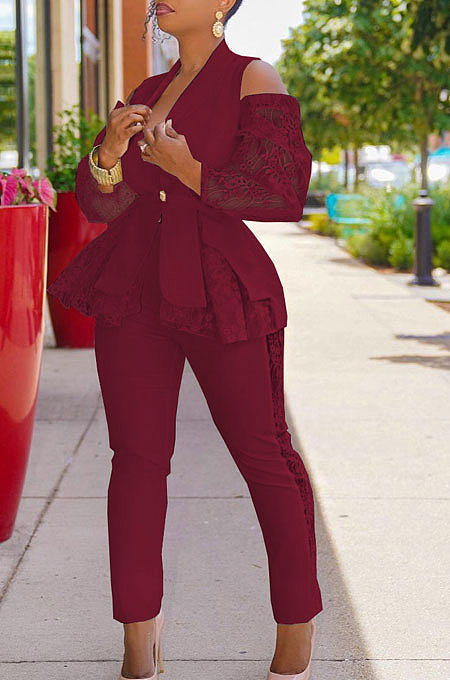 Red Modest Sexy Lace Spliced Long Sleeve Lapel Neck Coat Long Pants Solid Color OL Sets TK6197-1