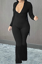 Black Simple New Long Sleeve Stand Neck Zipper Collect Waist Tassel Wide Leg Jumpsuits E8614-2