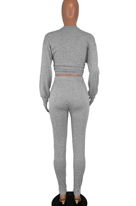 Yellow Women Pure Color Long Sleeve Round Collar Fashion Sport Pants Sets AMM8191-1