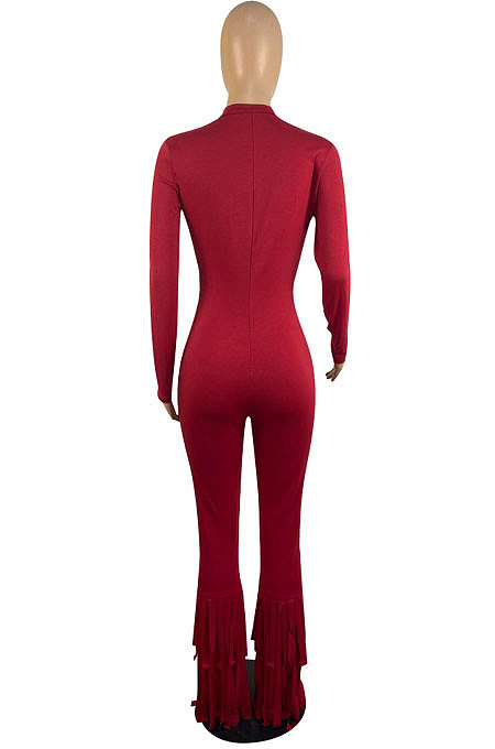 Black Simple New Long Sleeve Stand Neck Zipper Collect Waist Tassel Wide Leg Jumpsuits E8614-2