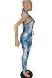 Light Blue Women Skinny Bandage Sexy Printing Hallter Neck Backless Bodycon Jumpsuits ANK06024