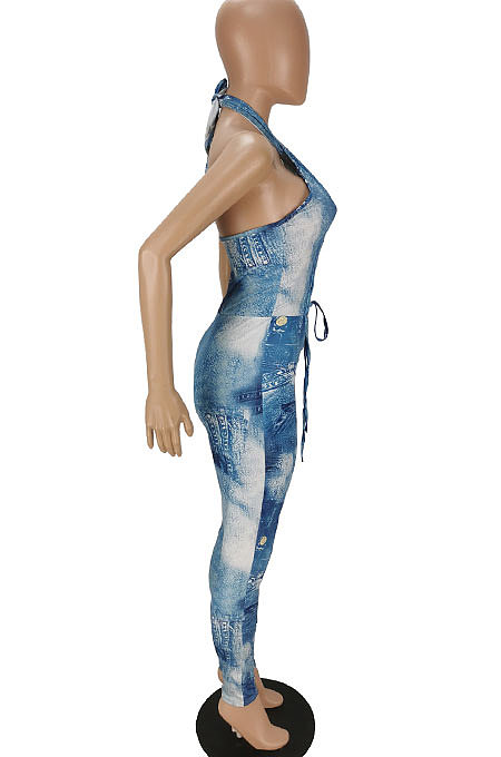 Light Blue Women Skinny Bandage Sexy Printing Hallter Neck Backless Bodycon Jumpsuits ANK06024