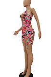 Purple Women Sexy Condole Blet Tie Dye Bandage Hallter Neck Hollow Out Digital Printing Romper Shorts ZZ2131-1