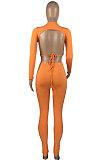Euramerican Women Autumn Winter Backless Shirred Detail Ribber Split Pure Color Club Casual Pants Sets HAA9093-1