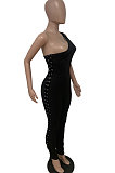 Black Women Oblique Shoulder Condole Belt Eyelet Bandage Pure Color Bodycon Jumpsuits LD81045-1