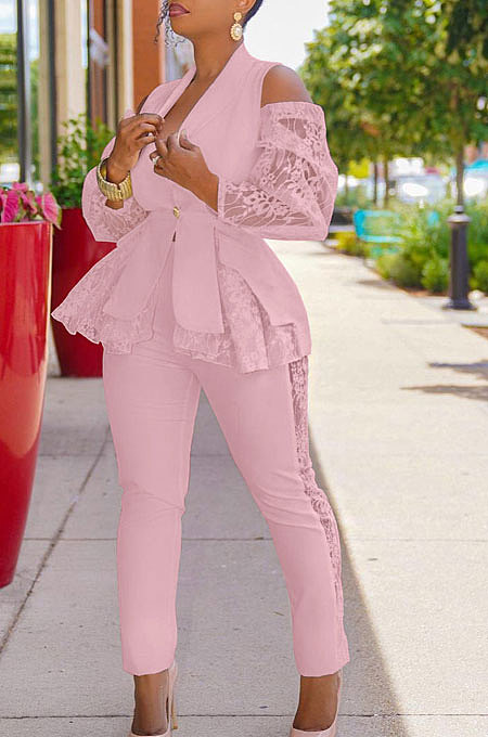 Pink Modest Sexy Lace Spliced Long Sleeve Lapel Neck Coat Long Pants Solid Color OL Sets TK6197-3