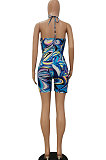 Purple Women Sexy Condole Blet Tie Dye Bandage Hallter Neck Hollow Out Digital Printing Romper Shorts ZZ2131-1