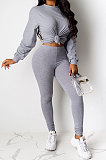 Yellow Women Pure Color Long Sleeve Round Collar Fashion Sport Pants Sets AMM8191-1