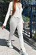 Beige Women Solid Color POLO Collar Long Sleeve Button Tight Pants Sets FWB427
