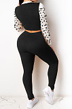 Black Euramerican Fshion Casual Crop Round Collar Long Sleeve Color Matching Pants Sets KF232-3