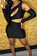 Black Autumn New Long Sleeve Oblique Shoulder Hollow Out Mini Dress DR88121-3