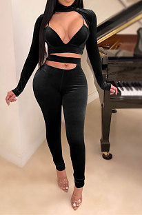Black Pleuche Women Long Sleeve Strapless High Waist Bodycon Pants Sexy Two-Piece E8551-1