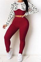 Red Euramerican Fshion Casual Crop Round Collar Long Sleeve Color Matching Pants Sets KF232-1