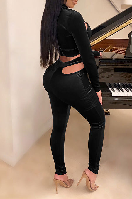 Wine Red Pleuche Women Long Sleeve Strapless High Waist Bodycon Pants Sexy Two-Piece E8551-2