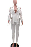 Pink Modest Sexy Lace Spliced Long Sleeve Lapel Neck Coat Long Pants Solid Color OL Sets TK6197-3