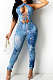 Light Blue Women Skinny Bandage Sexy Printing Hallter Neck Backless Bodycon Jumpsuits ANK06024