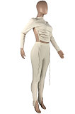 Euramerican Women Autumn Winter Backless Shirred Detail Ribber Split Pure Color Club Casual Pants Sets HAA9093-1