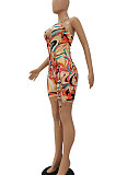 Blue Women Sexy Condole Blet Tie Dye Bandage Hallter Neck Hollow Out Digital Printing Romper Shorts ZZ2131-3