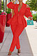 Red Modest Sexy Lace Spliced Long Sleeve Lapel Neck Coat Long Pants Solid Color OL Sets TK6197-1