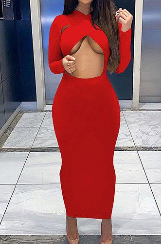 Navy Blue Sexy Cotton Blend Long Sleeve Strapless Hollow Out Solid Color Bodycon Dress DR88122-5