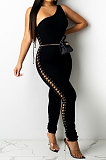 Black Women Oblique Shoulder Condole Belt Eyelet Bandage Pure Color Bodycon Jumpsuits LD81045-1