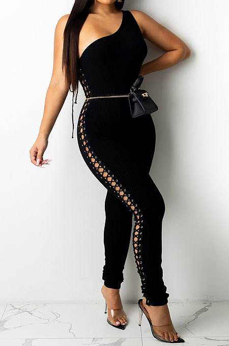 Black Women Oblique Shoulder Condole Belt Eyelet Bandage Pure Color Bodycon Jumpsuits LD81045-1