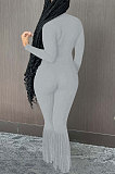 Black Simple New Long Sleeve Stand Neck Zipper Collect Waist Tassel Wide Leg Jumpsuits E8614-2