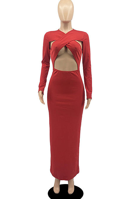 White Sexy Cotton Blend Long Sleeve Strapless Hollow Out Solid Color Bodycon Dress DR88122-4