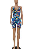 Purple Women Sexy Condole Blet Tie Dye Bandage Hallter Neck Hollow Out Digital Printing Romper Shorts ZZ2131-1