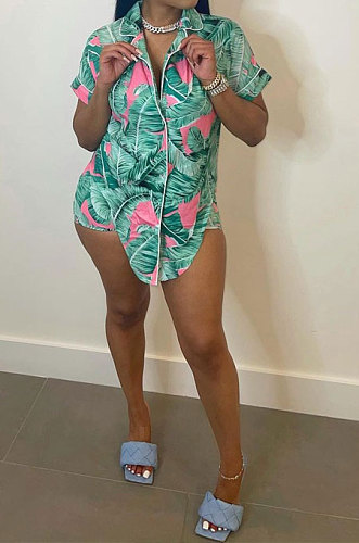Green Women Fashion Printing Irregular Bandage Shorts Sets OMY80038-1