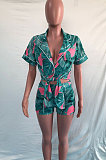 Yellow Women Fashion Printing Irregular Bandage Shorts Sets OMY80038-2