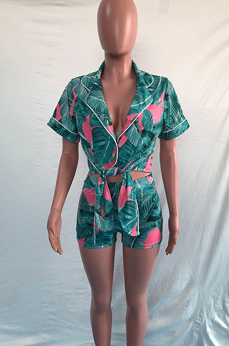 Yellow Women Fashion Printing Irregular Bandage Shorts Sets OMY80038-2