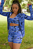 Rose Red Women Fashion Casual Camo Printing Tanks Coat Three Pieces OMY80052-2