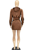 Gray Women Fashion Long Sleeve Solid Color Zipper Hooded Tops Korea Velvet Pocket Skirts Sets AA5278-2