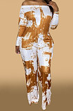 Blue Women Fashion Casual High Waist Long Pants Printing Jumpsuit OMY80050-2