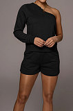 Coffee Modest Autumn One Sleeve Oblique Shoulder Top Drawsting Shorts Casual Sets FH157-1