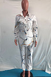 Euramerican Women Fashion Casual Printing Shirts Shirts Turn-Down Collar Pants Sets OMY80051
